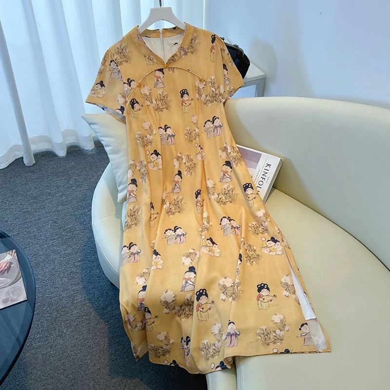 【66828】130-350斤大码女装胖mm新中式改良复古旗袍连衣裙夏新款