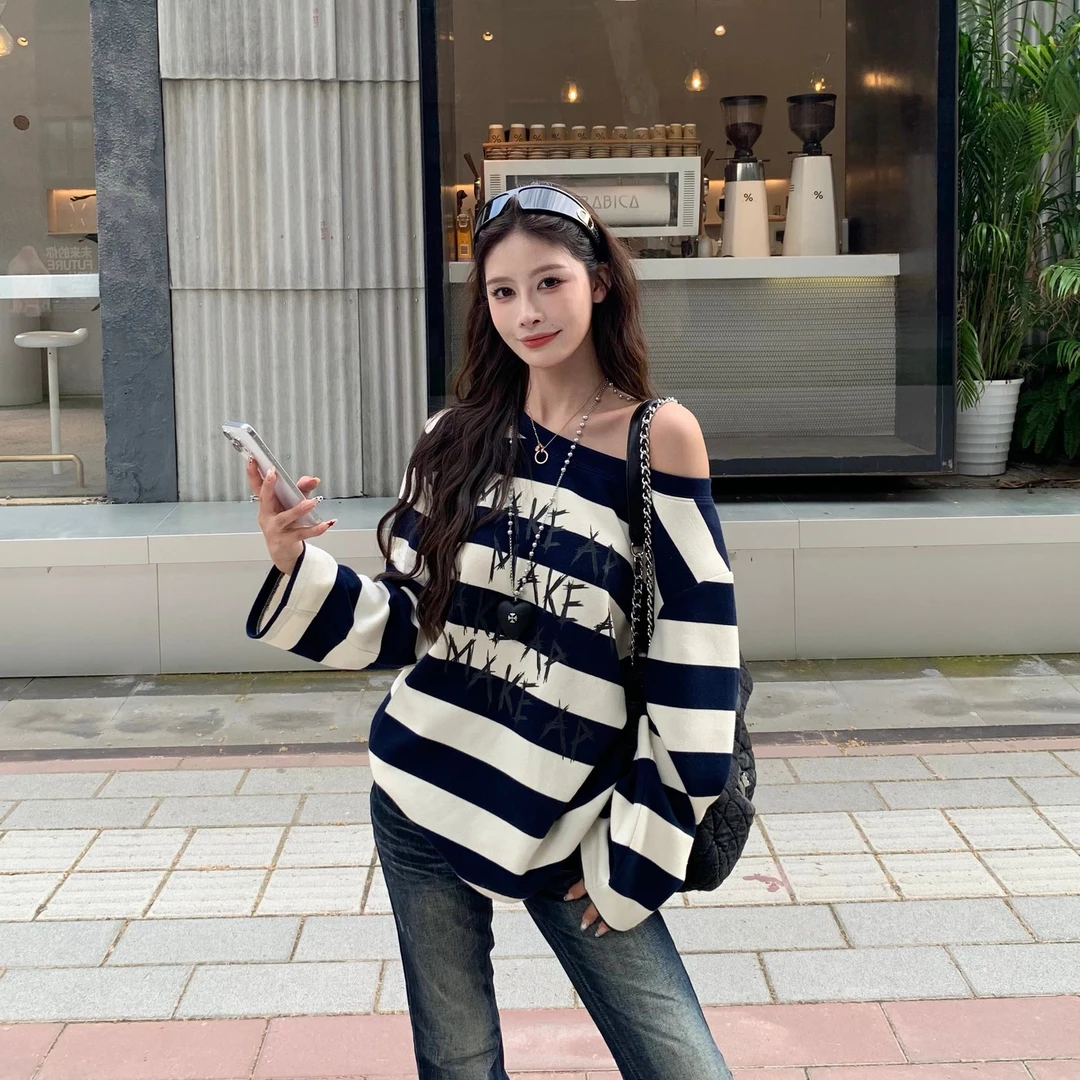 3MER 韩系慵懒风斜肩条纹卫衣女秋季小众设计宽松露肩上衣