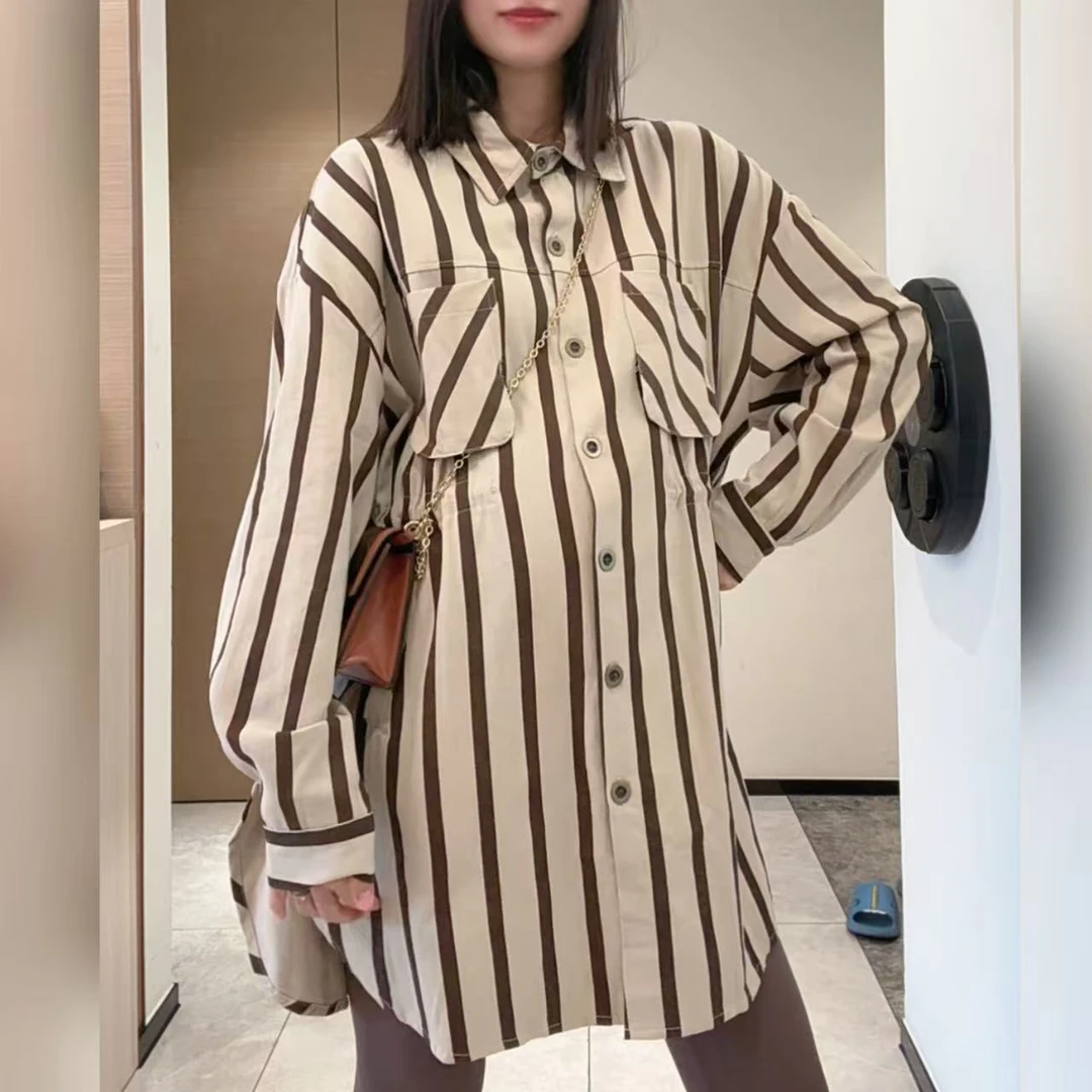 【熹熹】孕妇秋季新款条纹韩版腰部可调节休闲口袋开衩衬衫外套