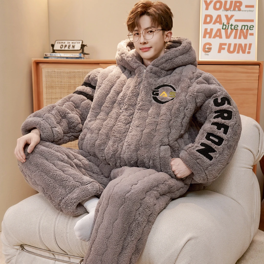 睡衣男士冬季珊瑚绒加厚加绒三层夹棉冬款青少年学生大童男款套装