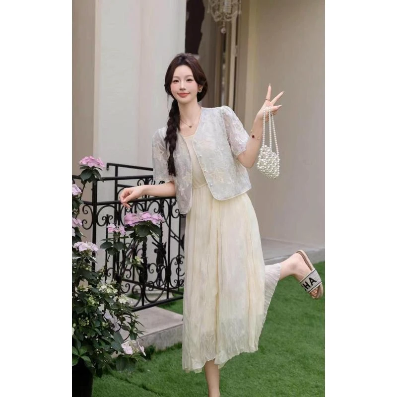 25835 连衣裙夏法式收腰显瘦背心裙两件套