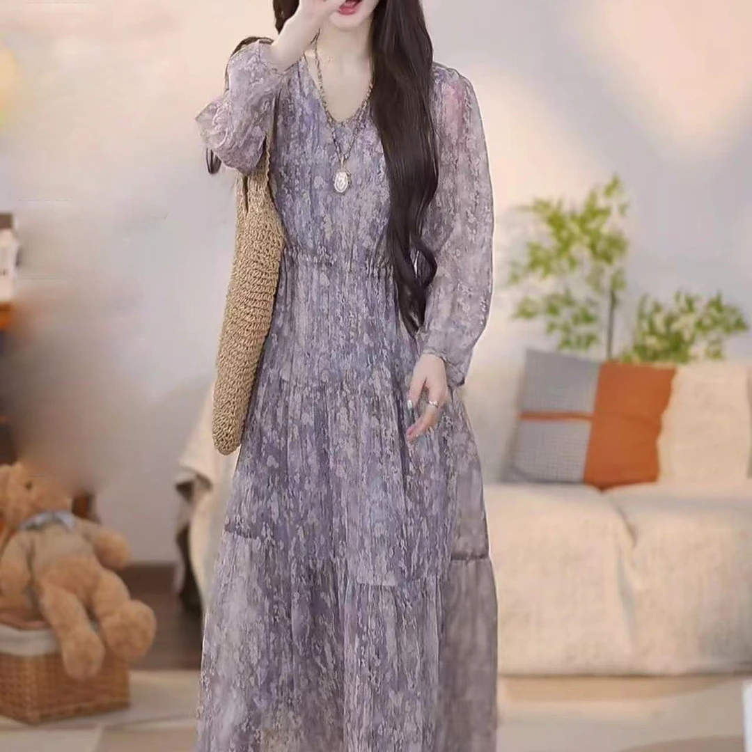 夏季新款长裙碎花连衣裙气质2025长袖宽松抽绳收腰显瘦连衣裙A506