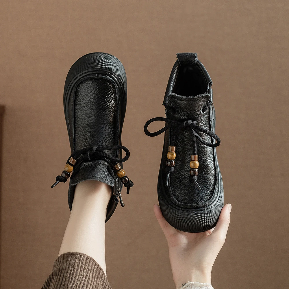 铂帝思真牛皮秋冬新款厚底短靴女复古加绒宽胖脚大码保暖女靴子