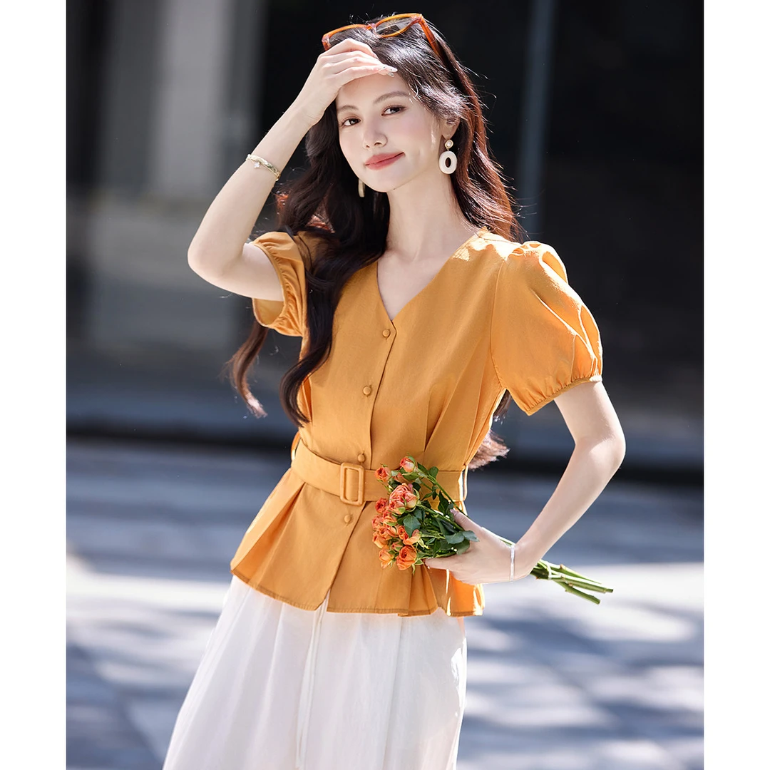 尚静腰带收腰显瘦V领短袖衬衫2025夏季新款时尚休闲气质百搭舒适