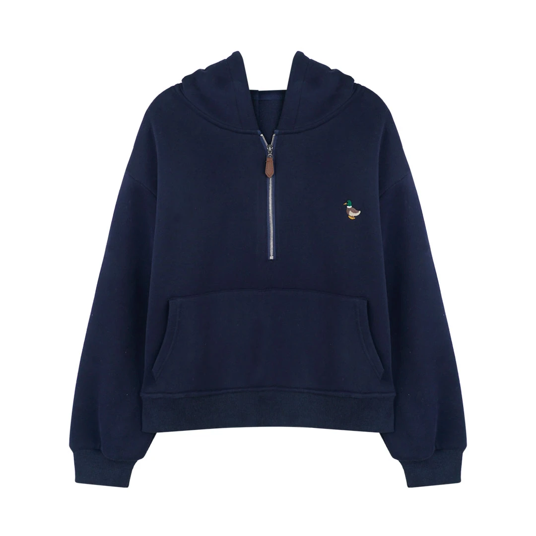 YO定制秋冬韩系简约加绒刺绣连帽卫衣休闲百搭减龄半拉连帽衫上衣