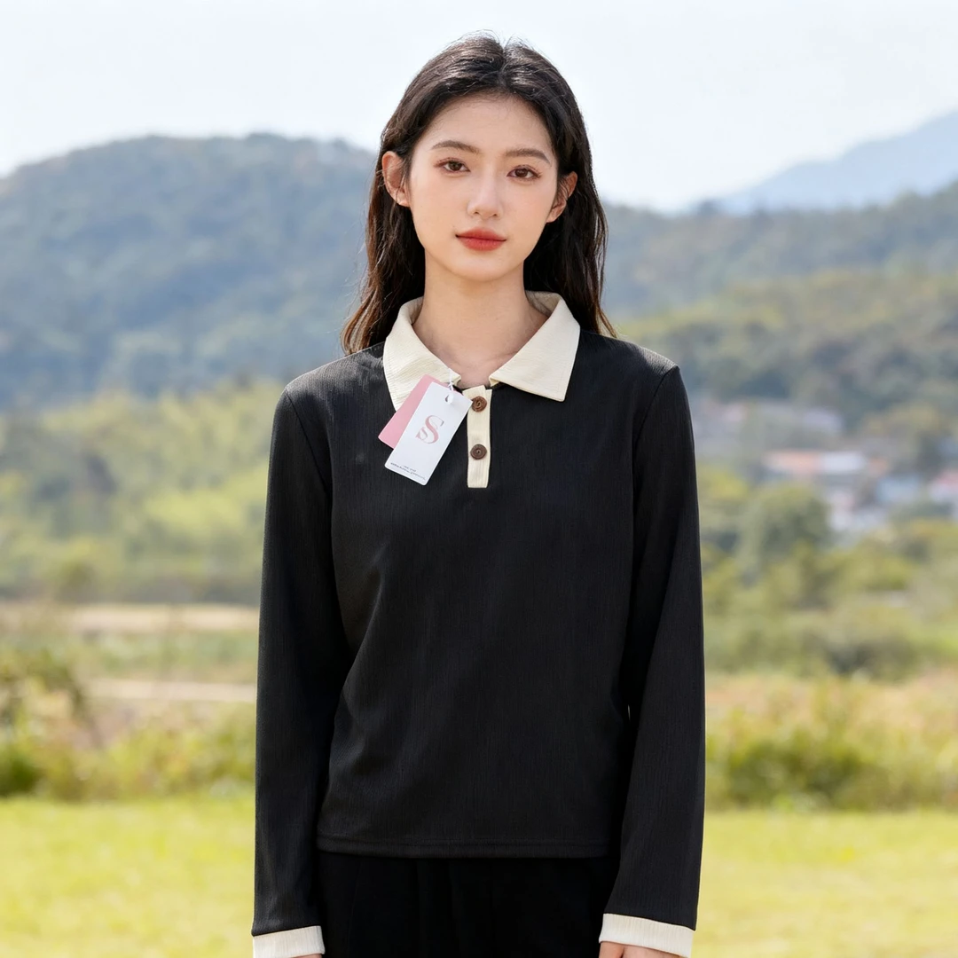 小个子秋季新款女POLO衫长袖女百搭 显瘦内搭薄款舒适时尚