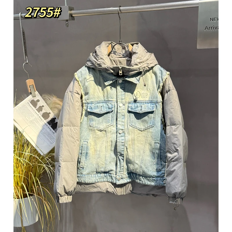 2【帅姐自留】男女同款情侣亲子款秋冬拼接牛仔羽绒防寒服时尚T2755