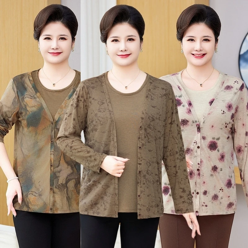 120-240斤加肥加大码妈妈装春装T恤时尚长袖假两件上衣中老年小衫