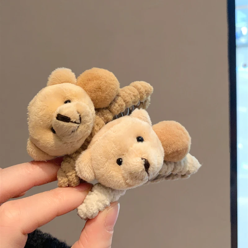 毛茸小熊发量少毛绒刘海抓夹中号鲨鱼夹子发卡后脑勺高级感发夹