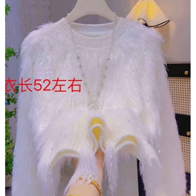 Dcs962须须仿皮草长毛毛衣秋冬新款水叼绒套头针织毛衣气质白色