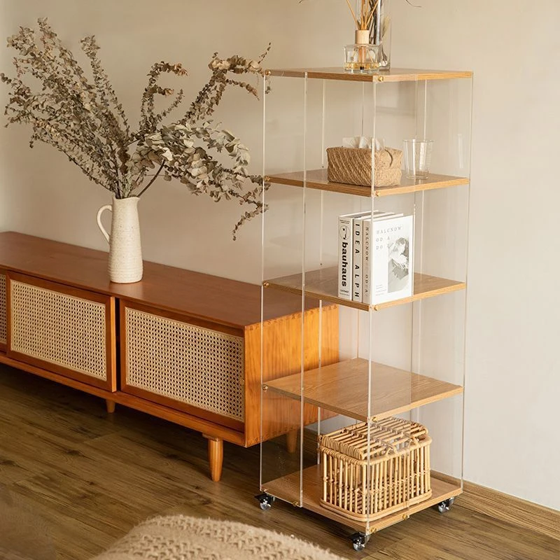 亚克力旋转书架落地置物架一体靠墙可移动手办展示柜实木转角书柜