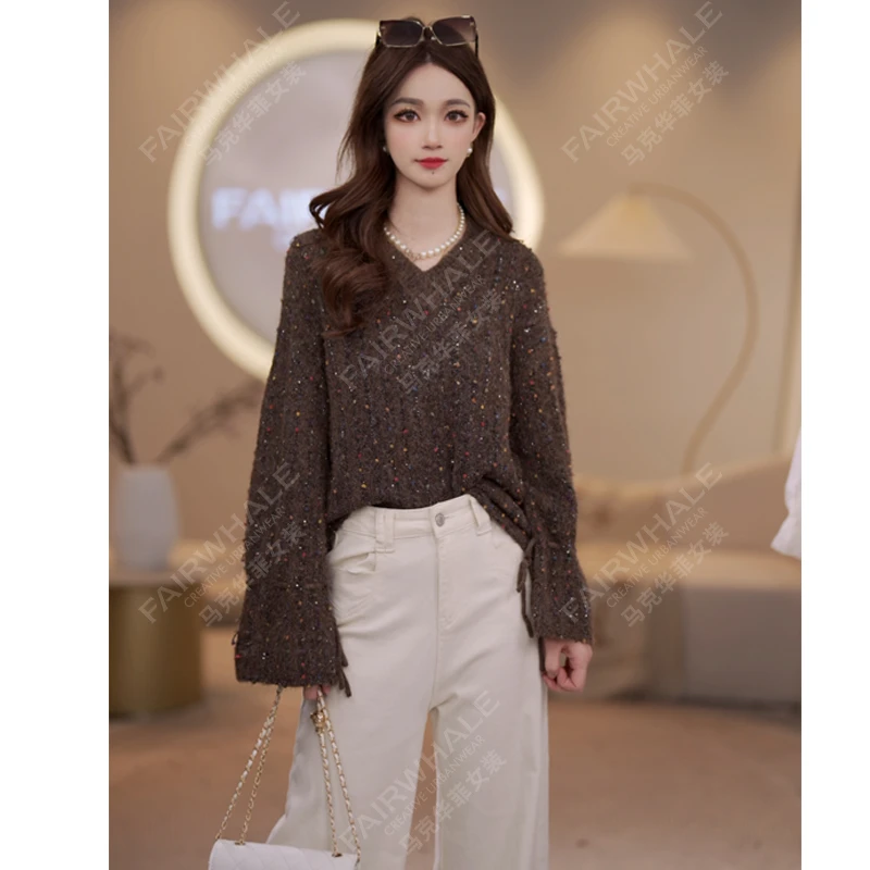 马克华菲女装秋季V领复古彩色点点休闲简约圆领时尚百搭针织衫 X