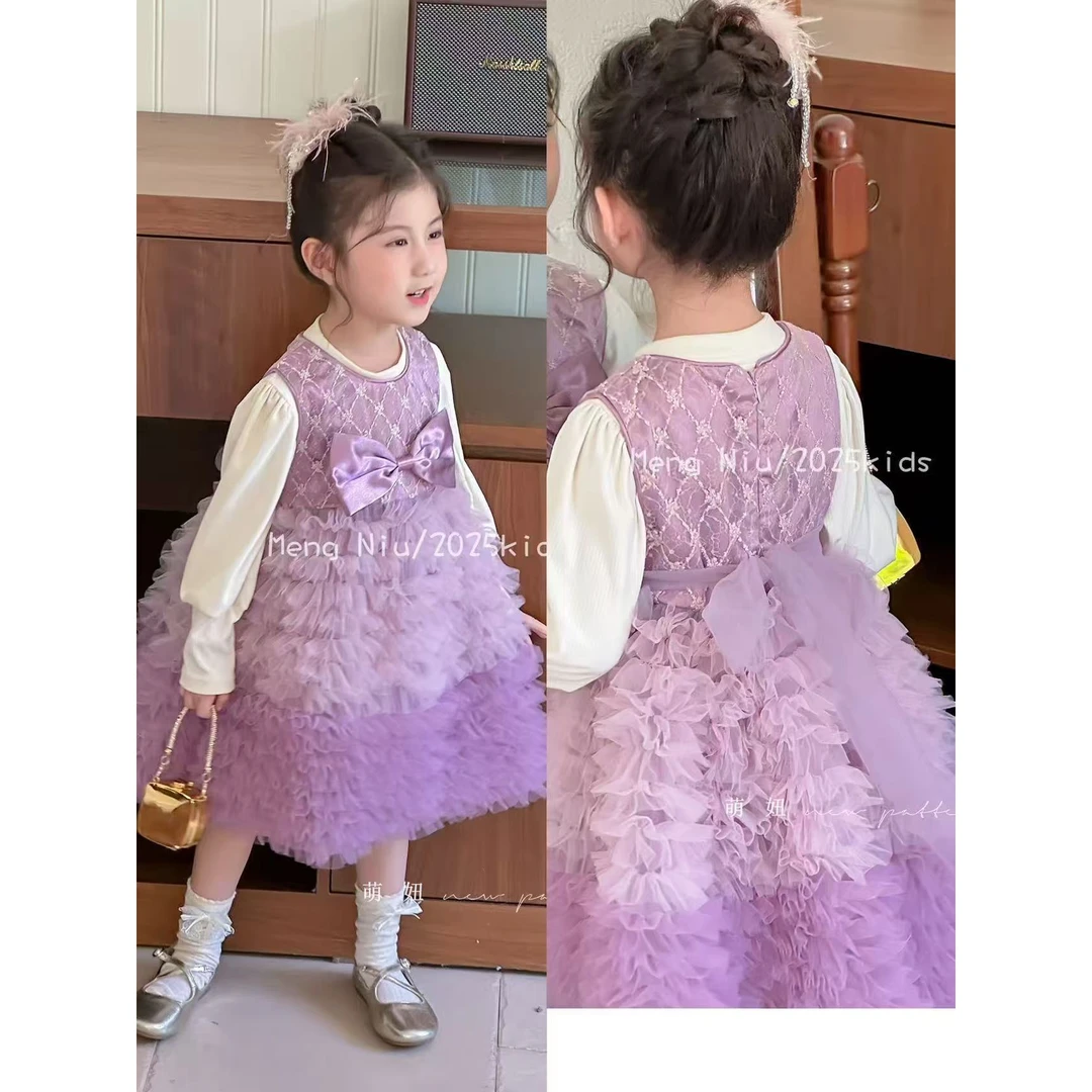 现货【紫萱】现货HZ001女童春秋款2025新款打底衫蝴蝶结裙子两件套