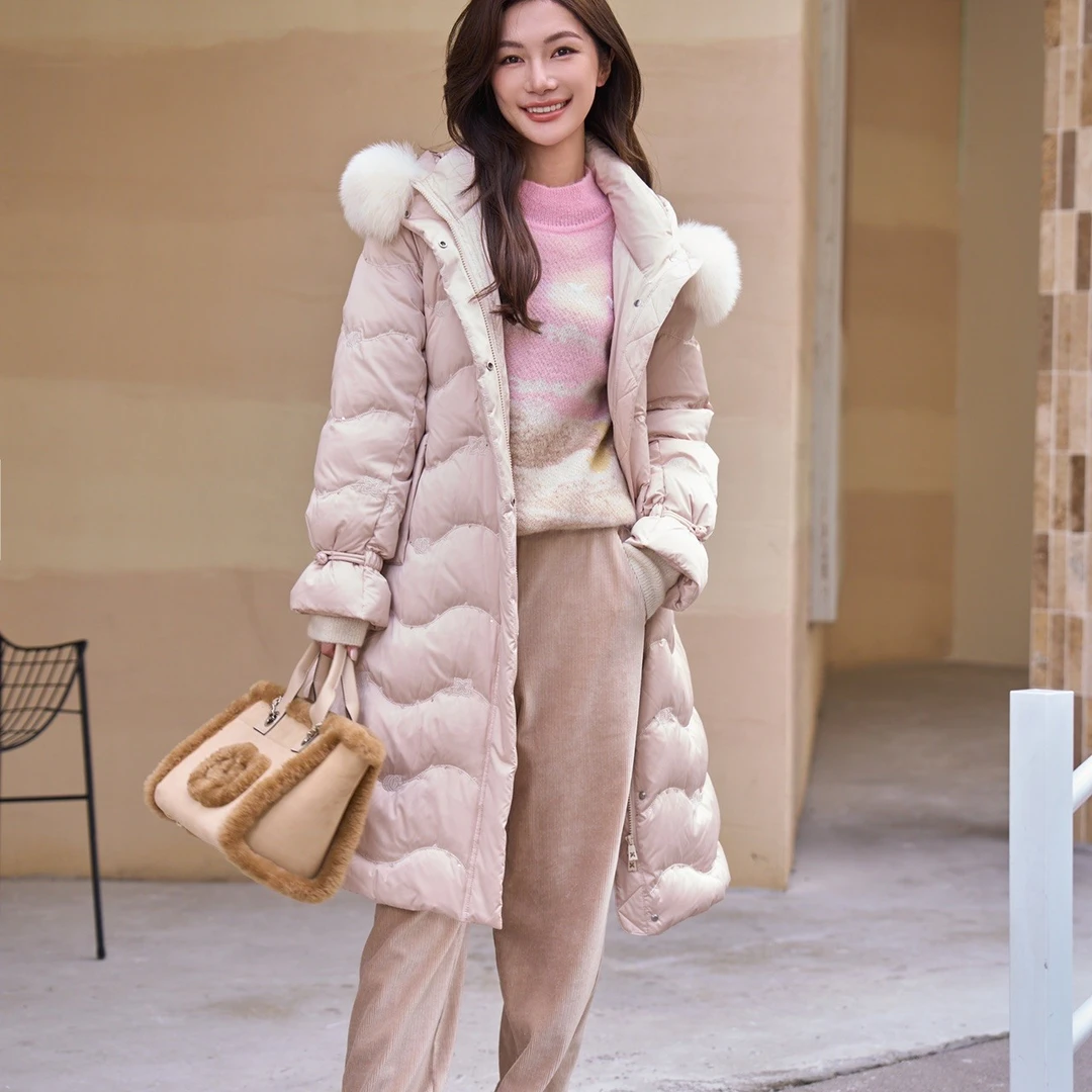 COCOON时尚千金风常规款连帽中长款羽绒服24410BF154089033