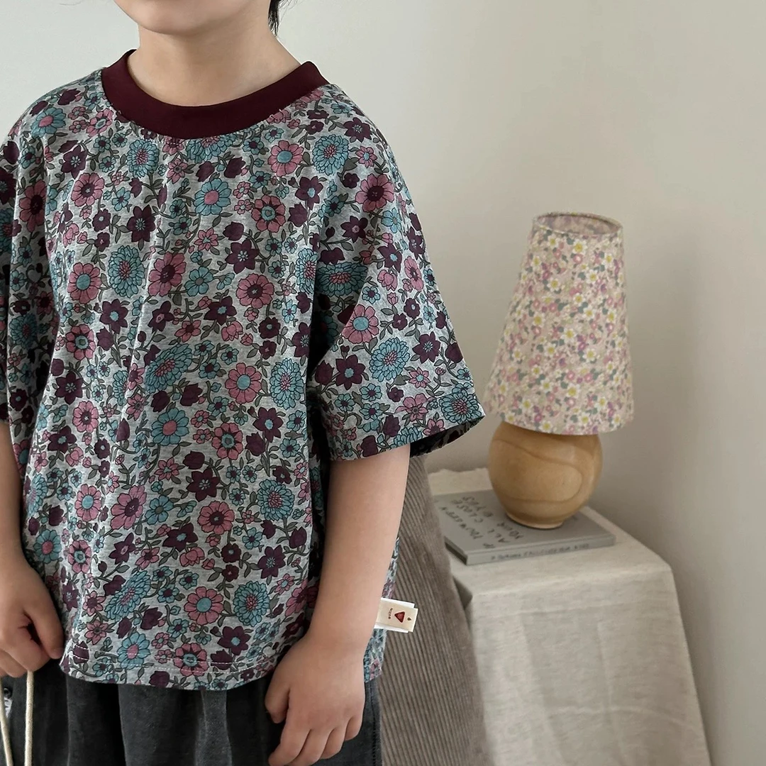 3955男女童时尚潮流洋气百搭复古花夏季蝙蝠短袖