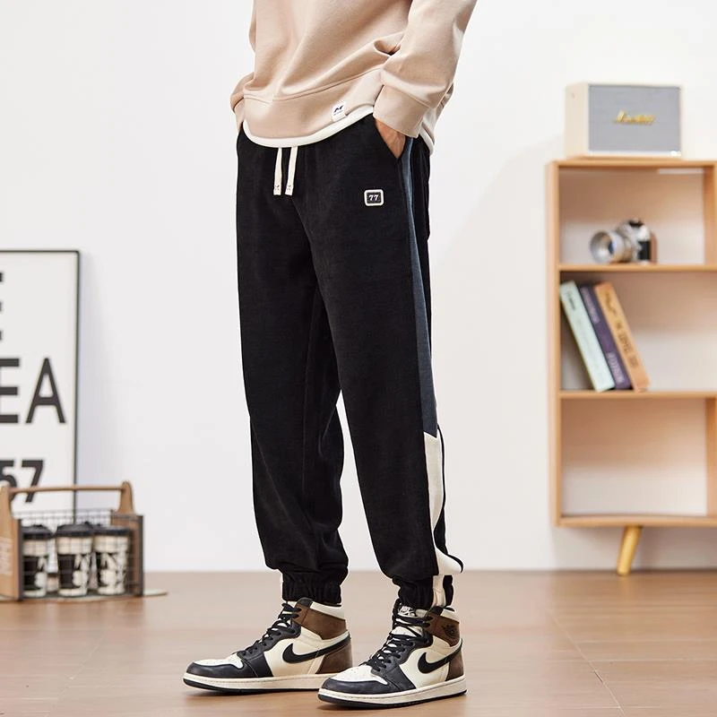 春秋休闲裤男痞帅宽松爆款潮牌束脚裤黑色弹力雪尼尔运动卫裤秋季