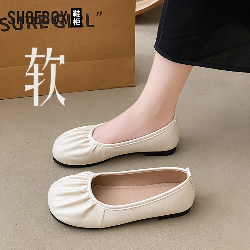 SHOEBOX鞋柜软底褶皱豆豆鞋女夏新款浅口一脚蹬平底玛丽珍单鞋