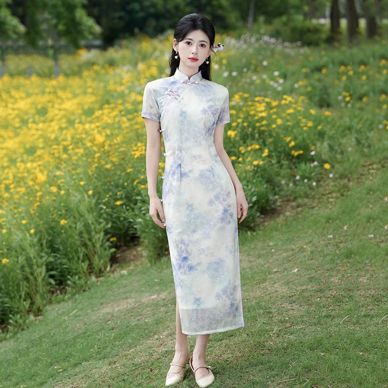 【紫雾】衣长118新中式文艺复古夏季日常旗袍立领显瘦修身