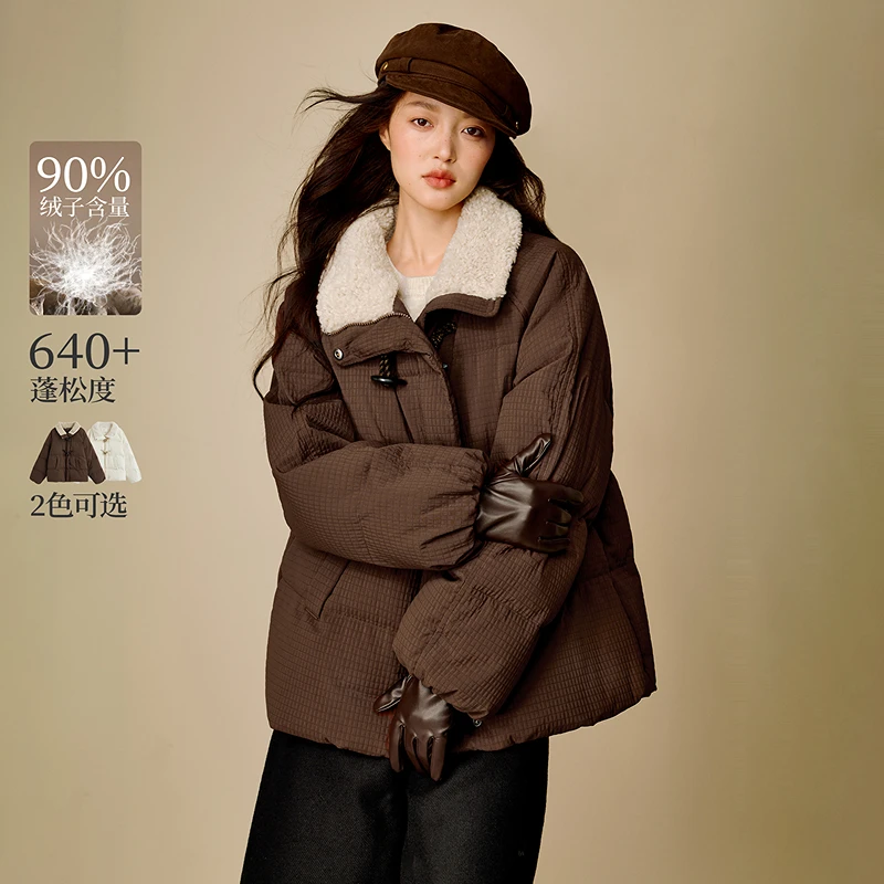 【流光风穿搭】茵曼25冬季羊羔毛领牛角扣羽绒服保暖短款面包服外套