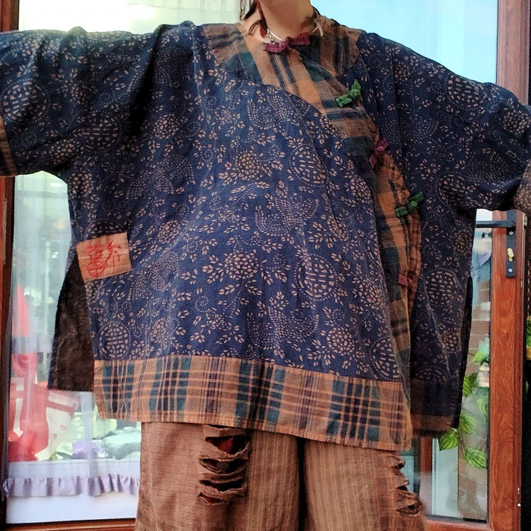 无吊牌砂洗做旧兰花拼黄格老布边宽松大衫上衣