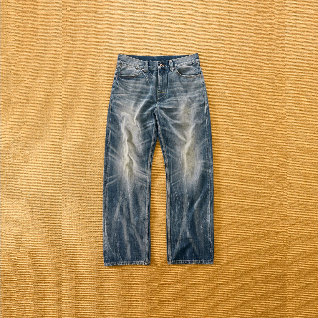 Camdrce 24AW新品14oz重磅闪电猫须蜂窝冰蓝水洗直筒牛仔长裤