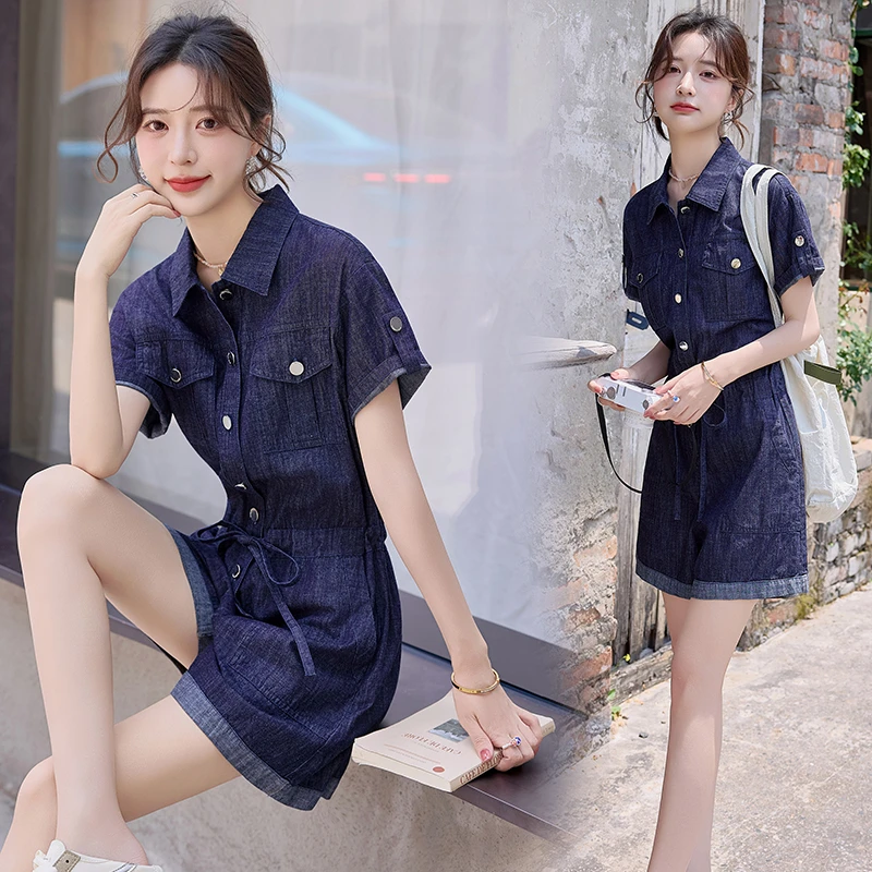 夏季薄款宽松高级感女款2025爆款牛仔短裤连体裤小个子显高显瘦