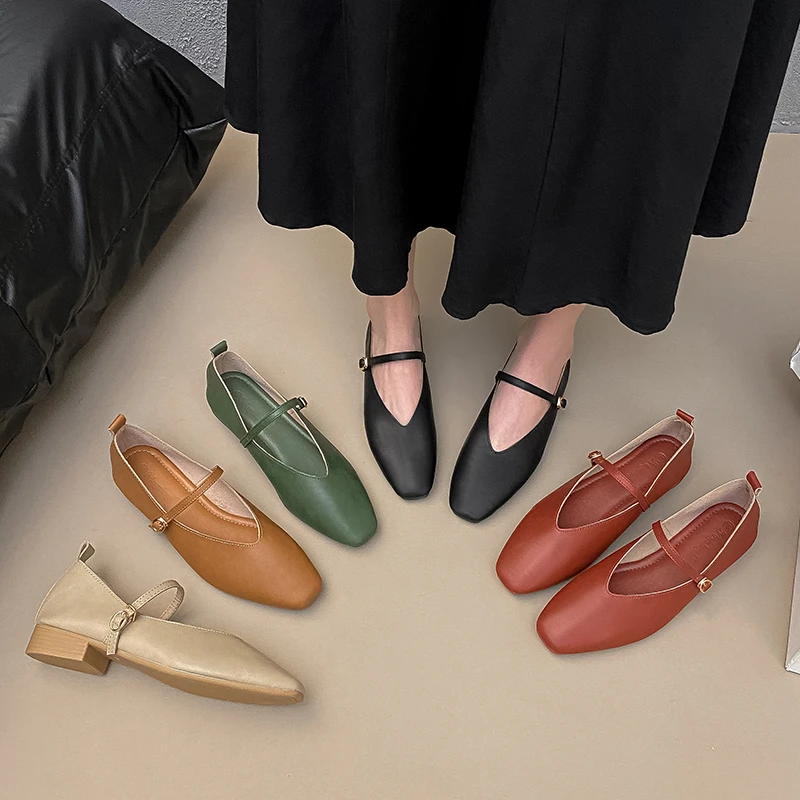 气质真皮女鞋一脚蹬方头浅口低跟软底单鞋百搭女士粗跟鞋子妈妈鞋