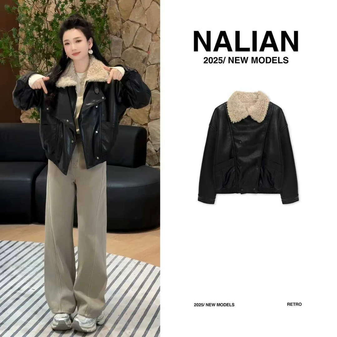 拿恋JGCNN56062#新款秋冬短款加厚皮毛一体机车外套56062