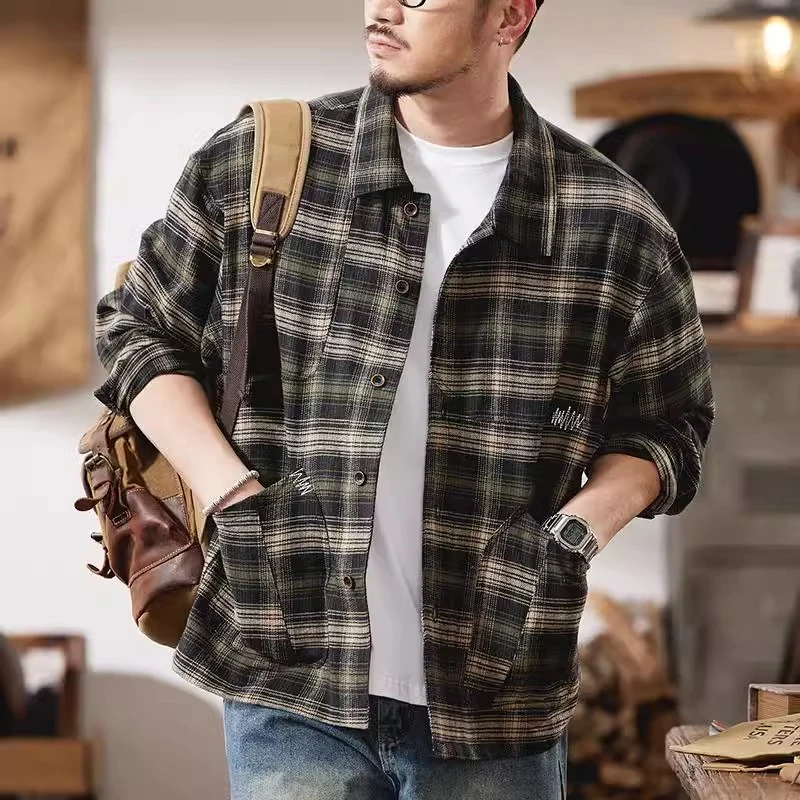 美式复古重磅长袖格子衬衫男春秋潮牌宽松高级感纯棉衬衣外套痞帅
