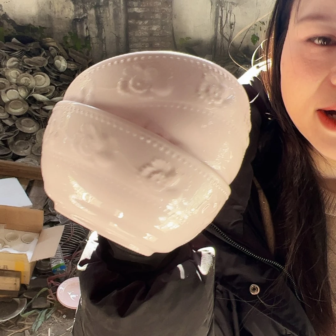 摆件瓷景德镇红xixi雕刻6寸碗2个