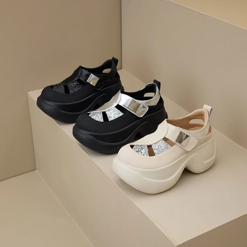 Guan Na 松糕厚底拼接凉鞋女真皮小个子舒适气质镂空透气百搭凉鞋