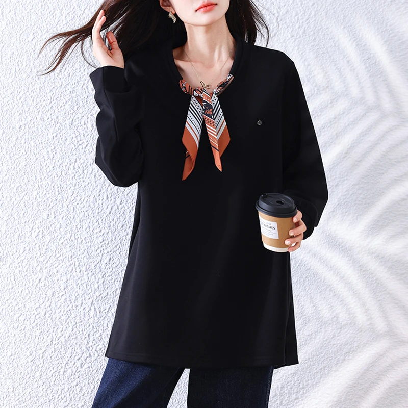 黑色法式气质黑色丝巾卫衣女秋季新款宽松上衣大码欧货时尚女装
