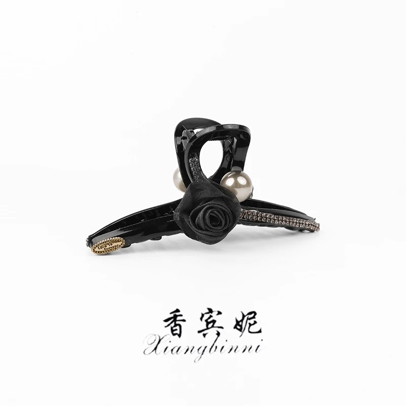 香宾妮高奢玫瑰花抓夹气质后脑勺珠珠盘发鲨鱼夹高级感头饰6450