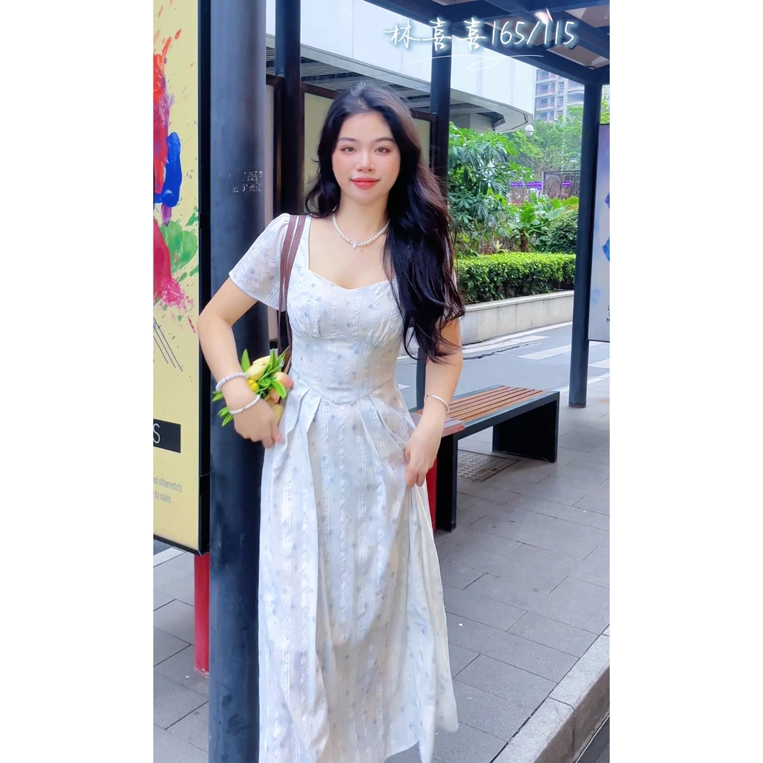 海德花园- 气质长裙时尚夏季法式收腰设计感短袖中长款连衣裙夏季
