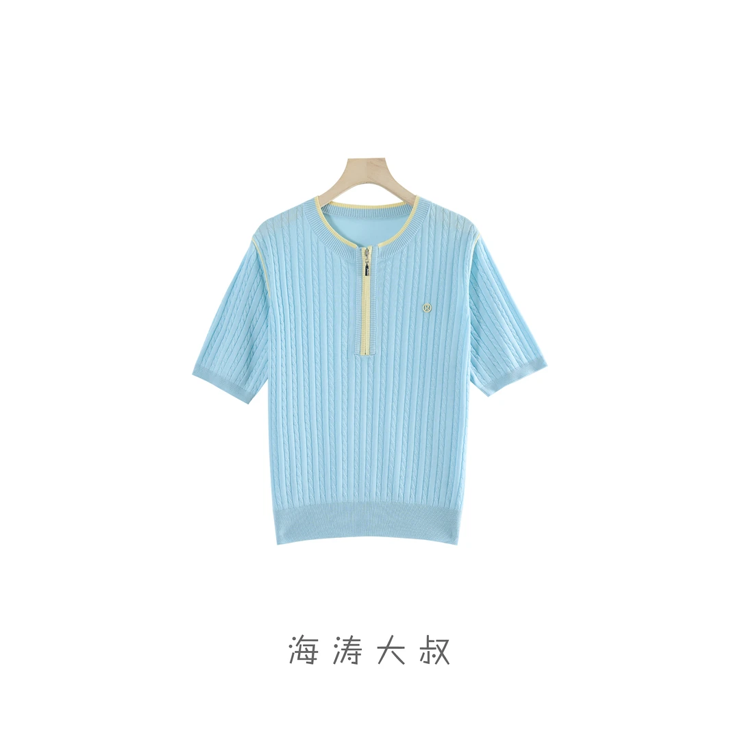 【海涛大叔】天丝亚麻半拉链麻花针织T恤