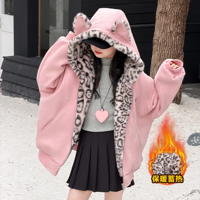 女童秋冬外套2025新款洋气儿童兔耳毛毛衣双面豹纹连帽加绒上衣潮