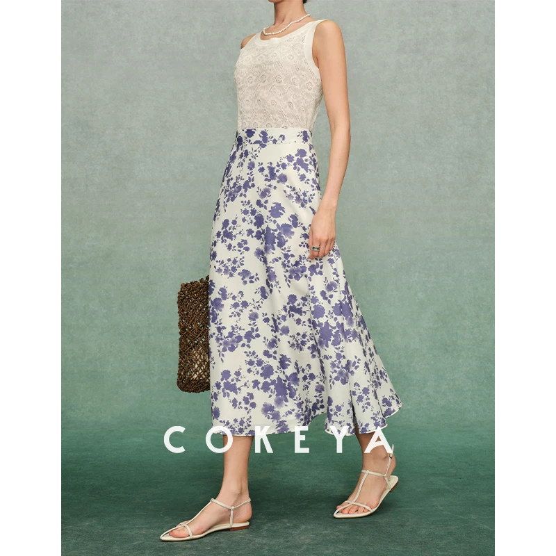 COKEYA/暗香花影~天丝麻复古剪影印花高腰A字大摆伞裙长款半身裙