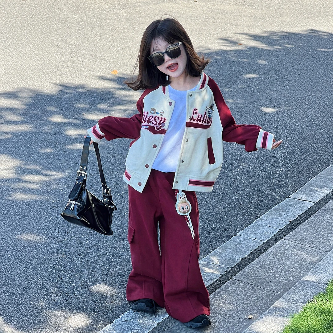 韩版休闲女童套装2025新款小女孩秋季撞色开衫外套儿童运动工装裤