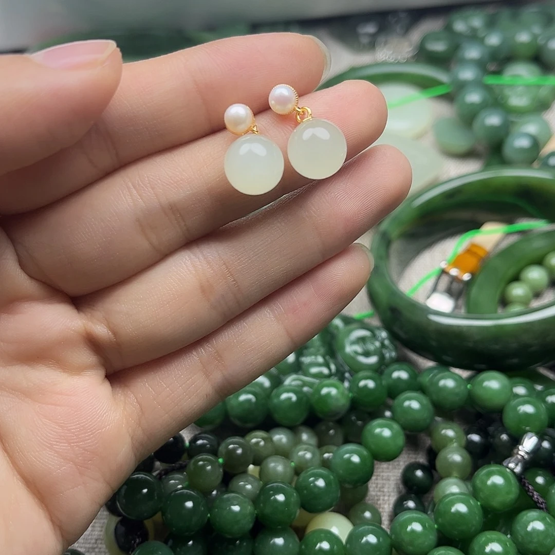 和田玉（白玉）银S925镶嵌耳饰