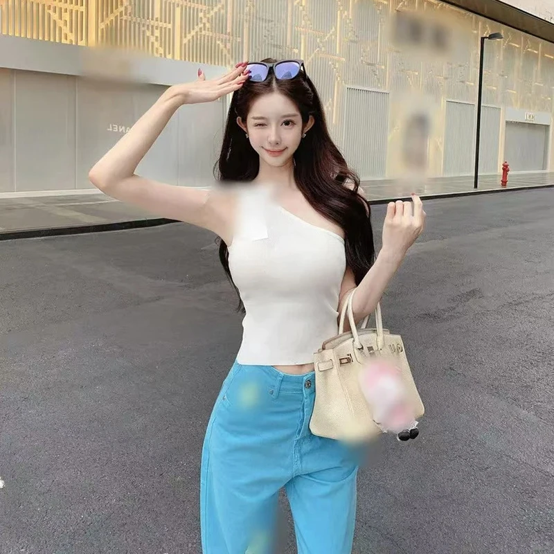 2025夏季新款法式提花蝴蝶结斜肩绑带背心上衣配美式休闲牛仔裤女