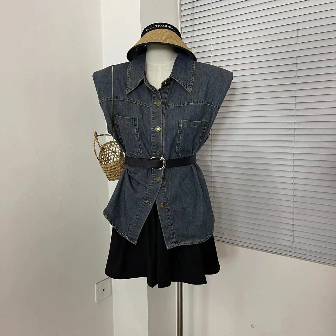 keke定制 韩国东大门夏季新款时尚宽松休闲无袖牛仔套装裙女韩版