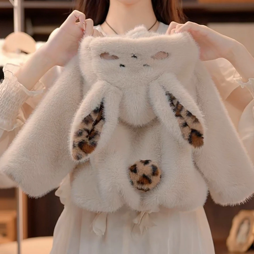 【豹纹兔兔】2024冬季新款可爱小兔子豹纹卡通加绒加厚毛毛外套