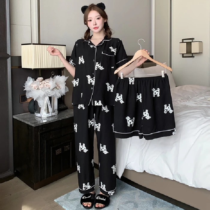 泡泡皱2025新款睡衣女三件套夏季韩版宽松大码卡通家居服套装