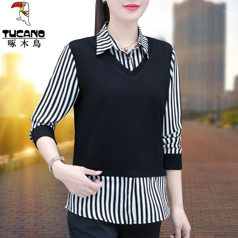 【正品】啄木鸟假两件衬衫女2025新款春秋季时尚百搭洋气女士衬衣