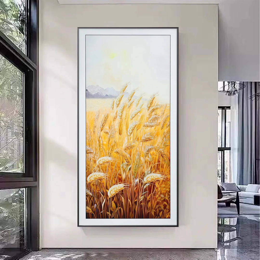 D17风吹麦浪皮革微雕手工鎏金肌理玄关客厅过道走廊挂画80*160