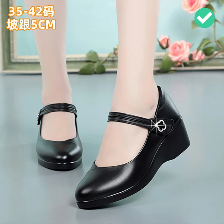 2025夏坡跟5cm玛丽珍女鞋中跟工作鞋真皮魔术贴大码单鞋40-41-42