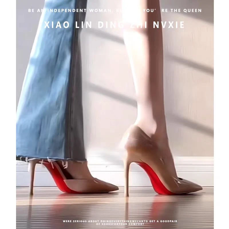 裸色侧空红底尖头性感细跟高跟鞋黑色夏季气质单鞋爆款裸色高跟鞋
