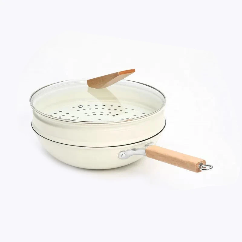 F2542 厨房具燃气通用白锅 32cm 家用不易粘锅炒锅带蒸笼带盖