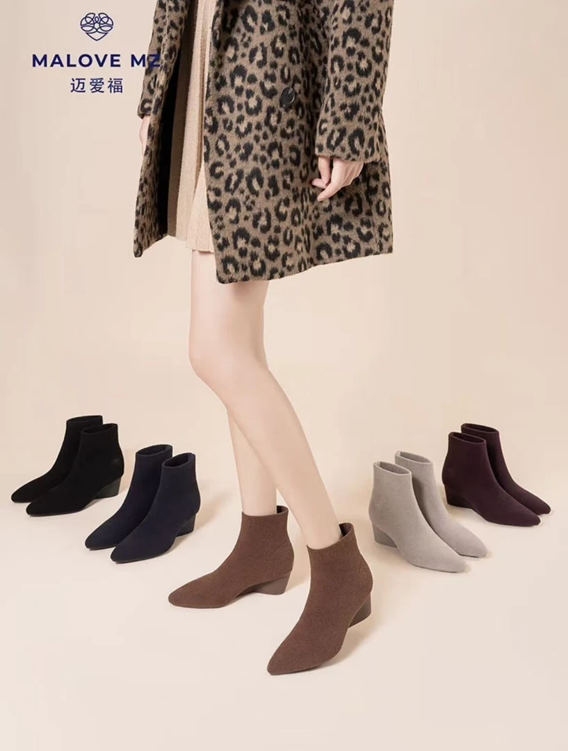 短靴女法奢秋冬4.7坡跟呢绒裸靴