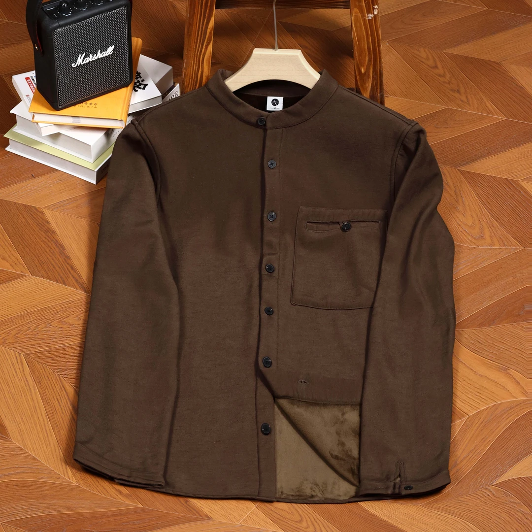 轻奢男士亚麻加绒衬衫秋冬立领长袖宽松型纯色休闲百搭加绒衬衫